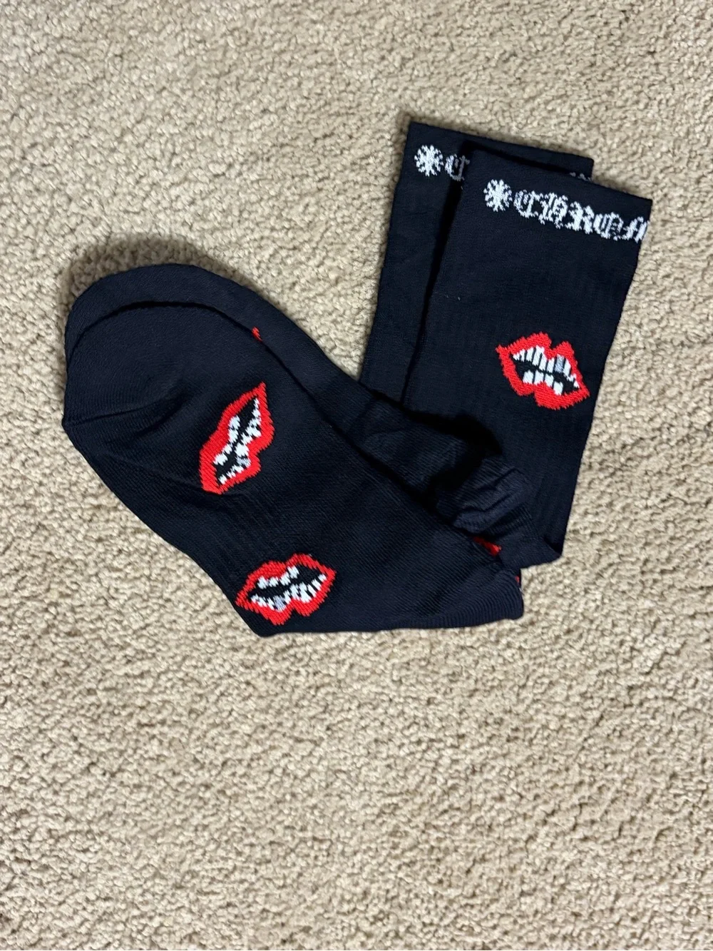 Chrome Hearts Black Crew Socks with Red Lip Motif